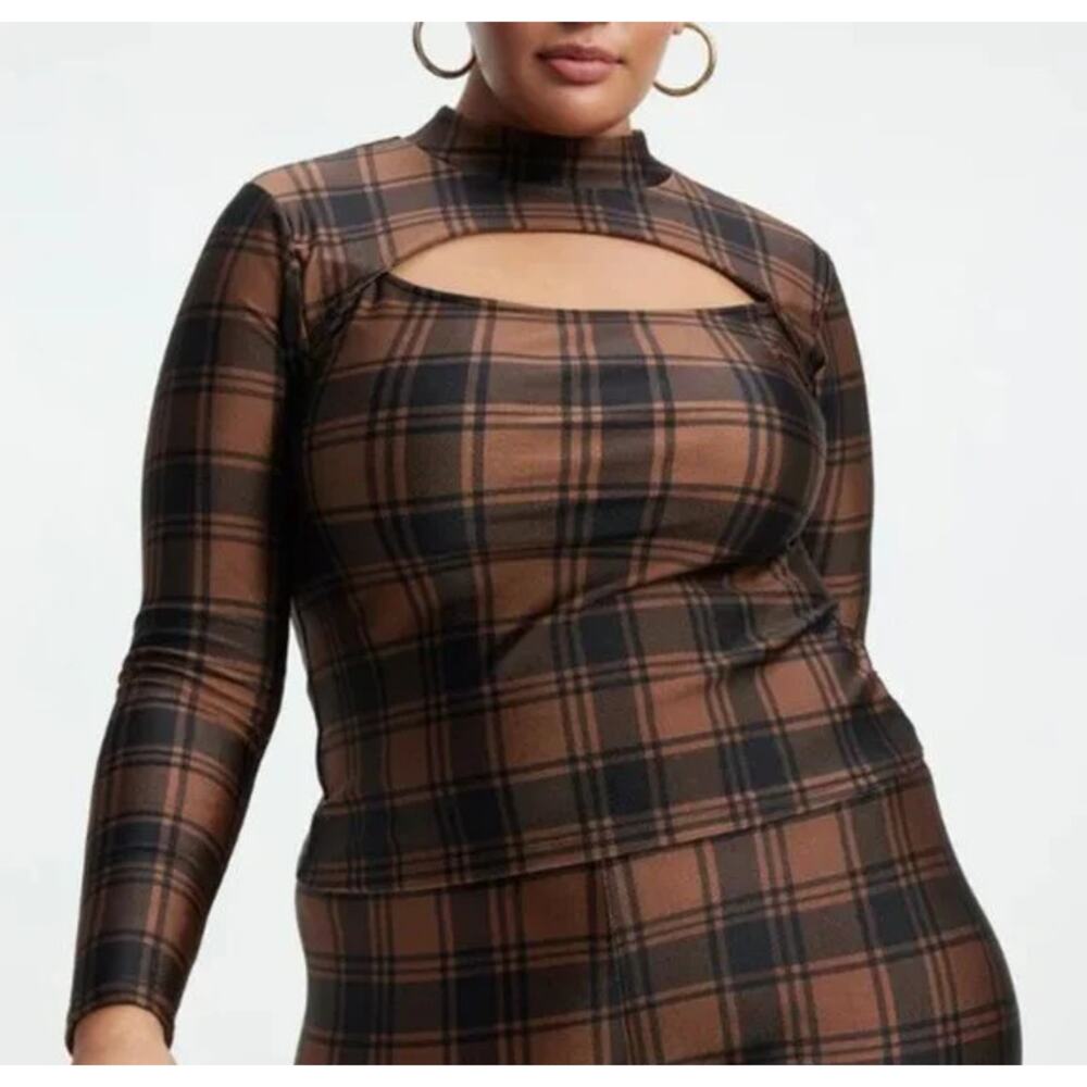 Good American Shimmer Bronze/Black Plaid Cut-Out Long Sleeve Stretch Top 3/Large